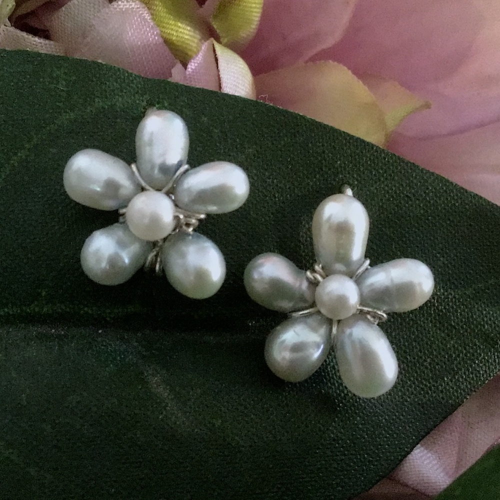 SALE! NWT Blue Pearl Flower Earrings Silver